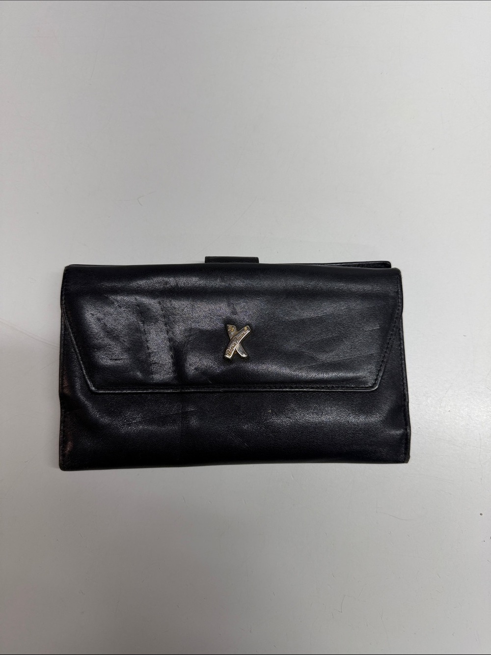 Paloma Picasso Leather Wallet Folding Snap Check Book Card Vintage Black Gold